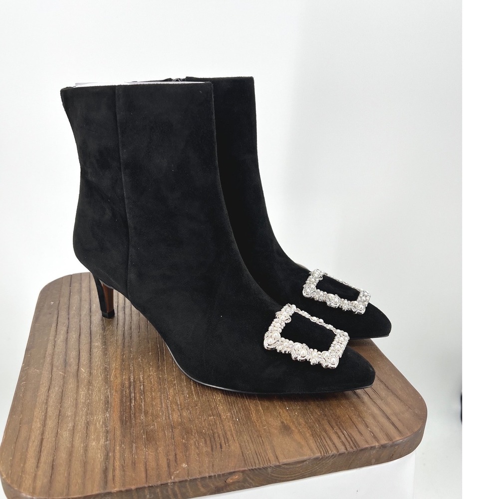 Sam Edelman Ulissa Black Suede Pearl Crystal Buckle Ankle Boots 9.5 M NWT